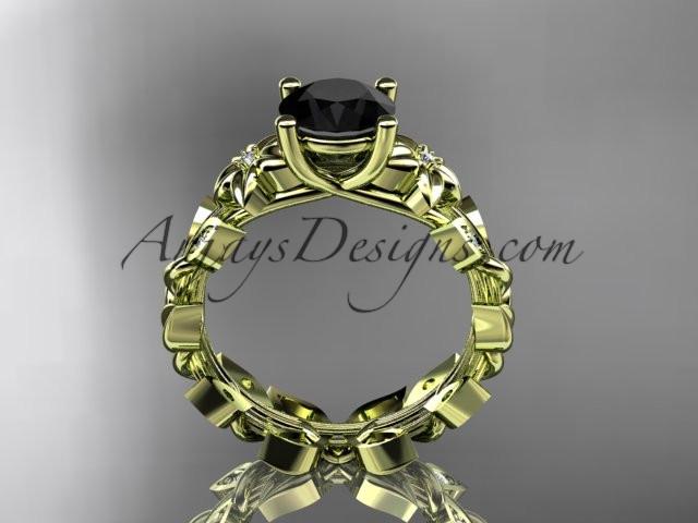 14k yellow gold diamond floral leaf and vine wedding ring, engagement ring with a Black Diamond center stone ADLR215 - AnjaysDesigns