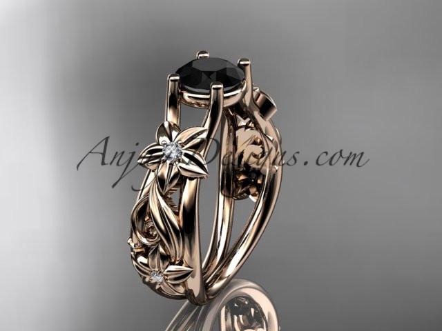 14kt rose gold diamond floral wedding ring, engagement ring with a Black Diamond center stone ADLR216 - AnjaysDesigns