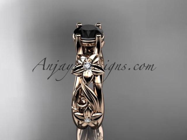 14kt rose gold diamond floral wedding ring, engagement ring with a Black Diamond center stone ADLR216 - AnjaysDesigns