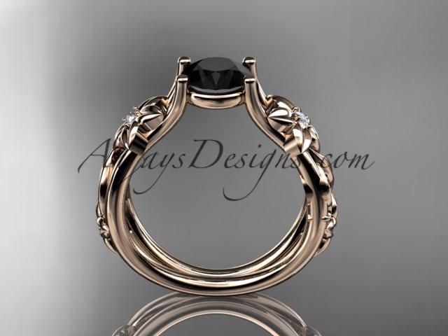 14kt rose gold diamond floral wedding ring, engagement ring with a Black Diamond center stone ADLR216 - AnjaysDesigns