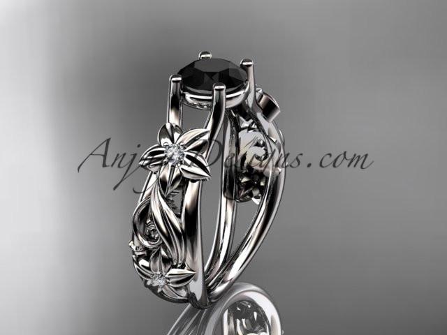 14kt white gold diamond floral wedding ring, engagement ring with a Black Diamond center stone ADLR216 - AnjaysDesigns