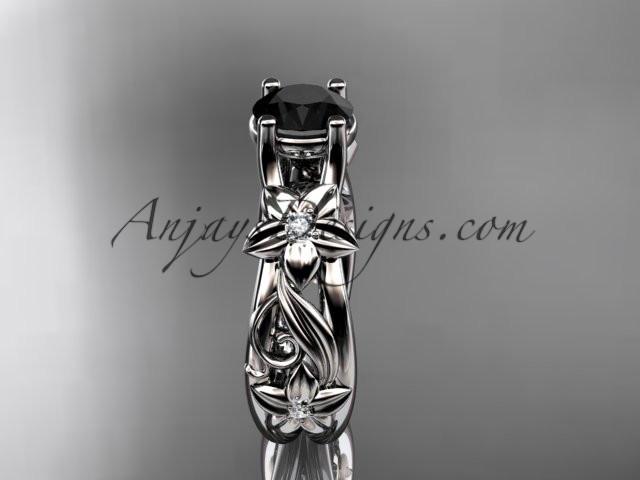 14kt white gold diamond floral wedding ring, engagement ring with a Black Diamond center stone ADLR216 - AnjaysDesigns