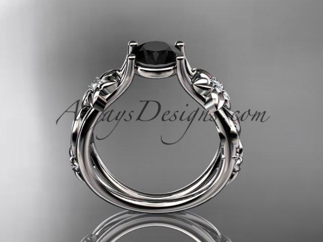 14kt white gold diamond floral wedding ring, engagement ring with a Black Diamond center stone ADLR216 - AnjaysDesigns
