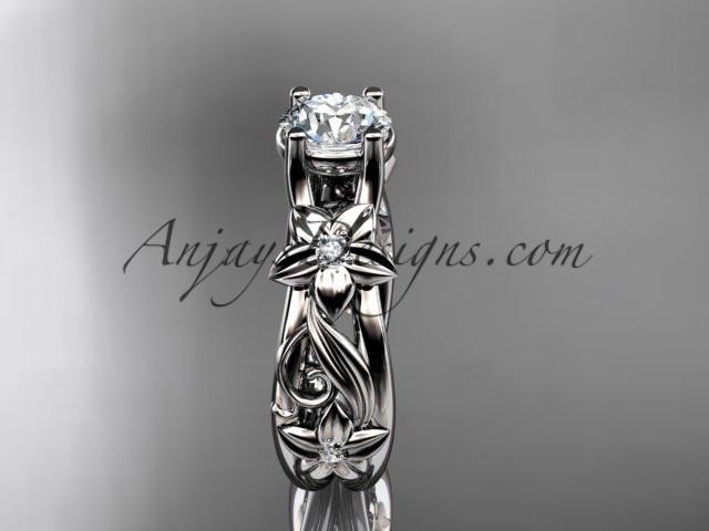 14kt white gold diamond floral wedding ring, engagement ring with a "Forever One" Moissanite center stone ADLR216 - AnjaysDesigns
