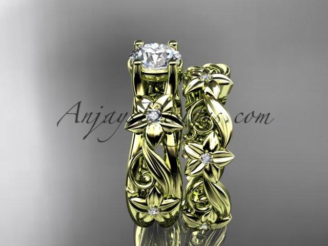 14k yellow gold diamond floral wedding set, engagement set with a "Forever One" Moissanite center stone ADLR216S - AnjaysDesigns