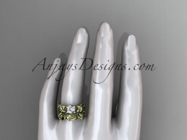 14k yellow gold diamond floral wedding set, engagement set with a "Forever One" Moissanite center stone ADLR216S - AnjaysDesigns