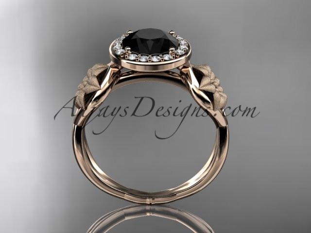 Unique 14kt rose gold diamond flower wedding ring, engagement ring with a Black Diamond center stone ADLR219 - AnjaysDesigns