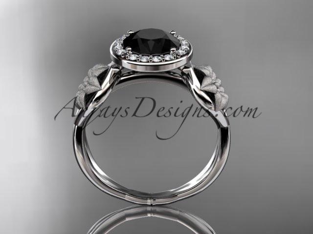 Unique platinum diamond flower wedding ring, engagement ring with a Black Diamond center stone ADLR219 - AnjaysDesigns