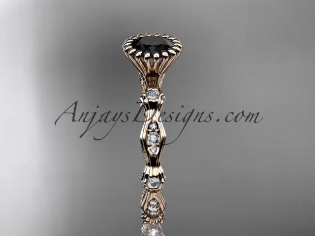 14kt rose gold diamond leaf wedding ring, engagement ring with Black Diamond center stone ADLR21 - AnjaysDesigns