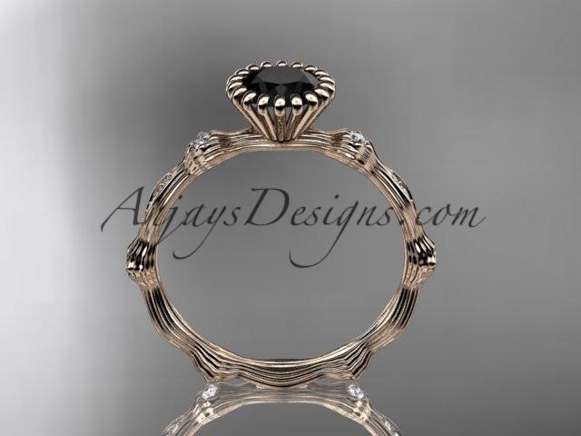 14kt rose gold diamond leaf wedding ring, engagement ring with Black Diamond center stone ADLR21 - AnjaysDesigns