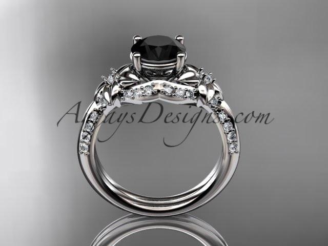Unique platinum diamond flower, leaf and vine wedding ring, engagement ring with a Black Diamond center stone ADLR220 - AnjaysDesigns