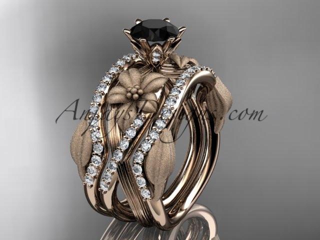 Unique 14kt rose gold diamond flower, leaf and vine wedding ring, engagement ring with a Black Diamond center stone and double matching band ADLR221S - AnjaysDesigns