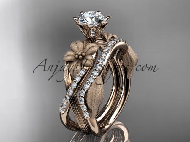 Unique 14kt rose gold diamond flower, leaf and vine wedding ring, engagement set with a "Forever One" Moissanite center stone ADLR221S - AnjaysDesigns