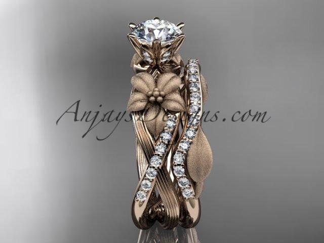 Unique 14kt rose gold diamond flower, leaf and vine wedding ring, engagement set with a "Forever One" Moissanite center stone ADLR221S - AnjaysDesigns