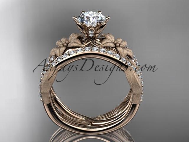 Unique 14kt rose gold diamond flower, leaf and vine wedding ring, engagement set with a "Forever One" Moissanite center stone ADLR221S - AnjaysDesigns