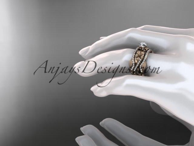 Unique 14kt rose gold diamond flower, leaf and vine wedding ring, engagement ring and double matching band ADLR221S - AnjaysDesigns