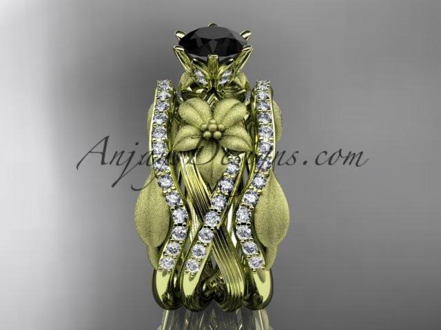 Unique 14kt yellow gold diamond flower, leaf and vine wedding ring, engagement ring with a Black Diamond center stone and double matching band ADLR221S - AnjaysDesigns