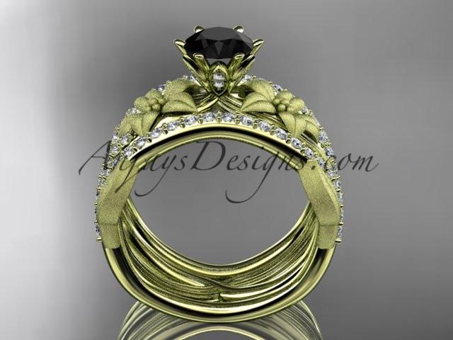 Unique 14kt yellow gold diamond flower, leaf and vine wedding ring, engagement ring with a Black Diamond center stone and double matching band ADLR221S - AnjaysDesigns