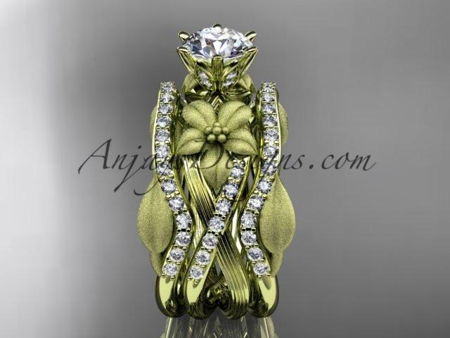 Unique 14kt yellow gold diamond flower, leaf and vine wedding ring, engagement ring and double matching band ADLR221S - AnjaysDesigns