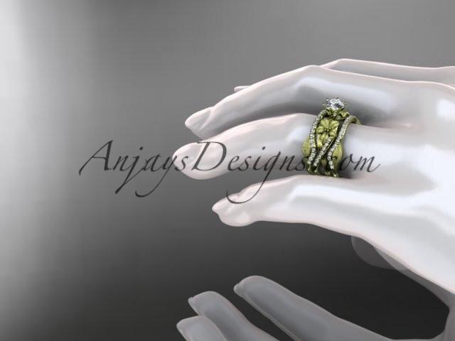 Unique 14kt yellow gold diamond flower, leaf and vine wedding ring, engagement ring and double matching band ADLR221S - AnjaysDesigns