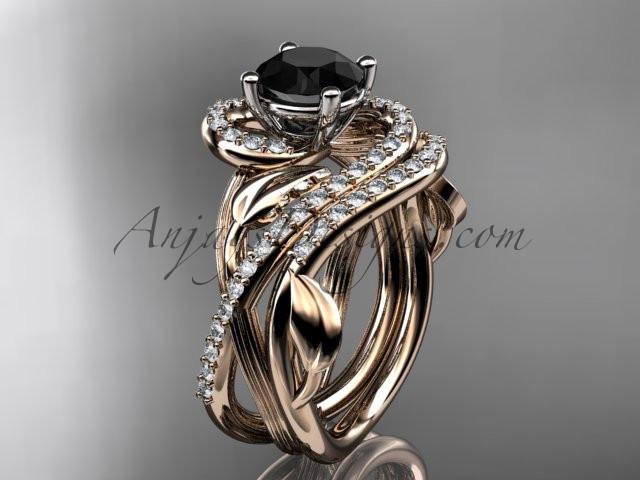 Unique 14kt rose gold diamond leaf and vine wedding set, engagement set with a Black Diamond center stone ADLR222 - AnjaysDesigns