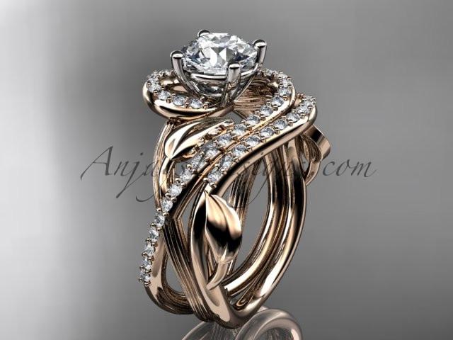 Unique 14kt rose gold diamond leaf and vine wedding set, engagement set with a "Forever One" Moissanite center stone ADLR222S - AnjaysDesigns