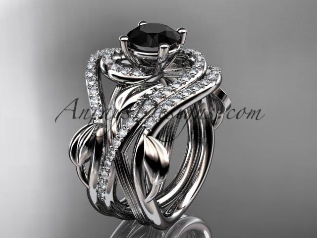 Unique 14kt white gold diamond leaf and vine wedding ring, engagement ring with a Black Diamond center stone and double matching band ADLR222S - AnjaysDesigns