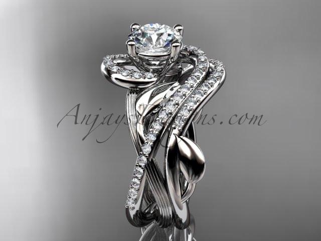 Unique 14kt white gold diamond leaf and vine wedding set, engagement set with a "Forever One" Moissanite center stone ADLR222S - AnjaysDesigns