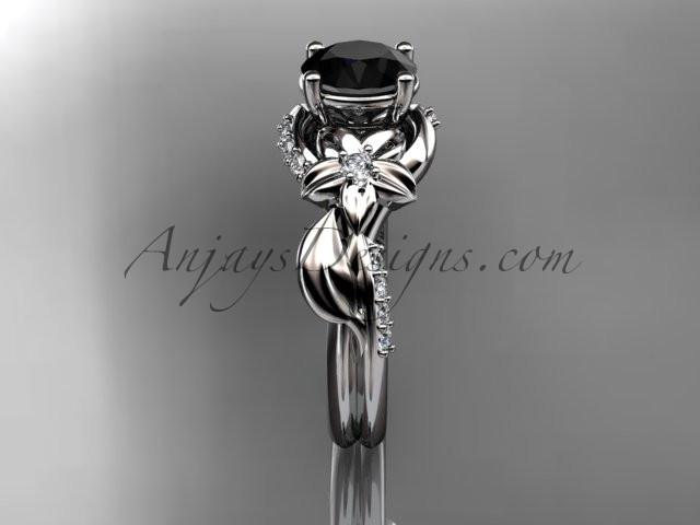 Unique Platinum diamond flower, leaf and vine wedding ring, engagement ring with a Black Diamond center stone ADLR224 - AnjaysDesigns