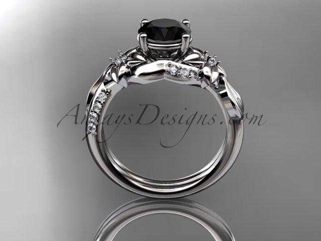 Unique Platinum diamond flower, leaf and vine wedding ring, engagement ring with a Black Diamond center stone ADLR224 - AnjaysDesigns
