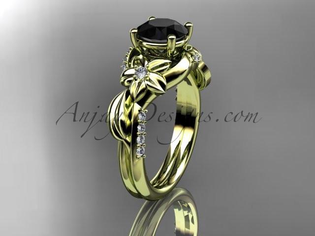 Unique 14k yellow gold diamond flower, leaf and vine wedding ring, engagement ring with a Black Diamond center stone ADLR224 - AnjaysDesigns