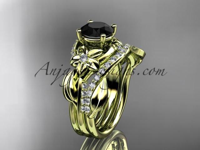 Unique 14k yellow gold diamond flower, leaf and vine wedding ring, engagement set with a Black Diamond center stone ADLR224S - AnjaysDesigns