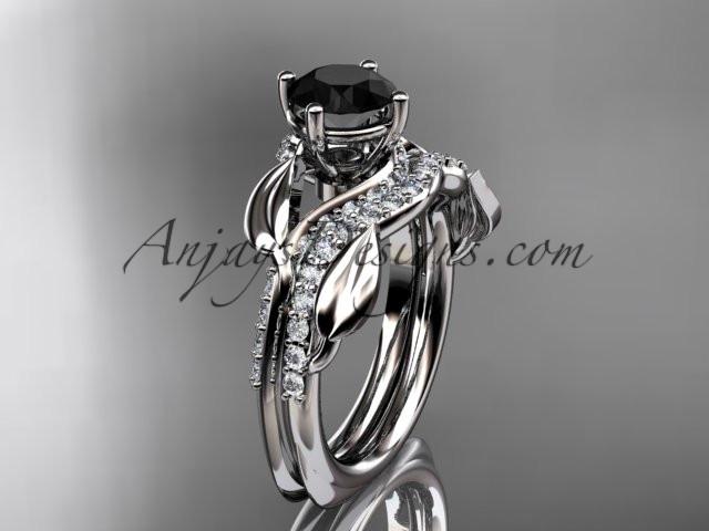 Unique 14k white gold diamond leaf wedding ring, engagement set with a Black Diamond center stone ADLR225S - AnjaysDesigns