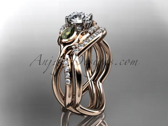 Unique 14kt rose gold diamond tulip flower, wedding set, leaf and vine engagement set with a "Forever One" Moissanite center stone ADLR226S - AnjaysDesigns