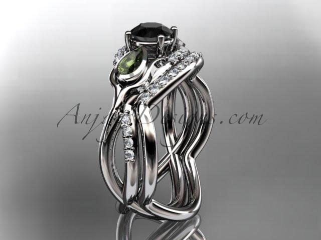 Unique 14kt white gold diamond tulip flower, wedding set, leaf and vine engagement set with a Black Diamond center stone ADLR226S - AnjaysDesigns