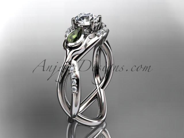 Unique 14kt white gold diamond tulip flower, leaf and vine engagement ring with a "Forever One" Moissanite center stone ADLR226 - AnjaysDesigns