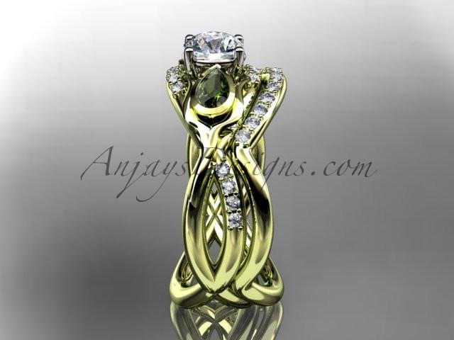 Unique 14kt yellow gold diamond tulip flower, wedding set, leaf and vine engagement set with a "Forever One" Moissanite center stone ADLR226S - AnjaysDesigns