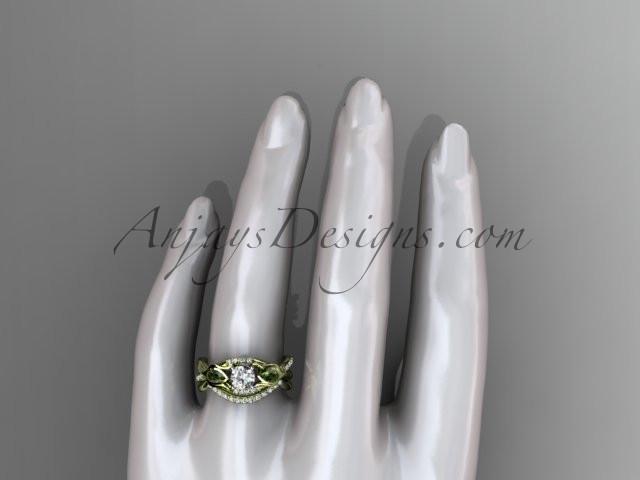 Unique 14kt yellow gold diamond tulip flower, wedding set, leaf and vine engagement set with a "Forever One" Moissanite center stone ADLR226S - AnjaysDesigns