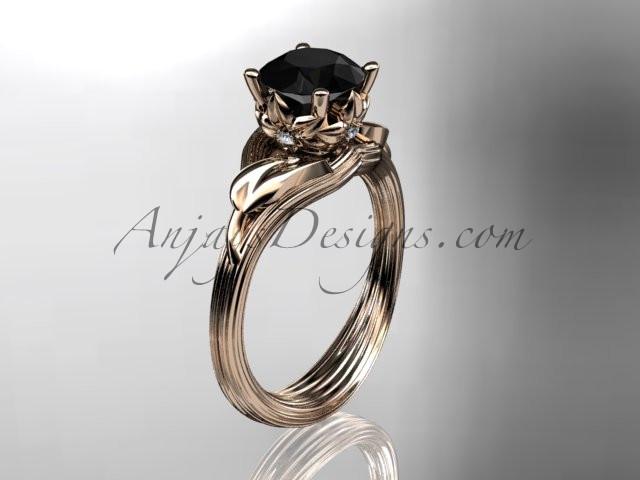 14kt rose gold diamond flower, leaf and vine wedding ring, engagement ring with a Black Diamond center stone ADLR240 - AnjaysDesigns