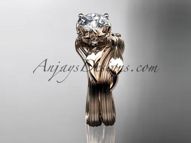 14kt rose gold diamond flower, leaf and vine wedding ring, engagement set with a "Forever One" Moissanite center stone ADLR240S - AnjaysDesigns