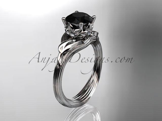 Platinum diamond flower, leaf and vine wedding ring, engagement ring with a Black Diamond center stone ADLR240 - AnjaysDesigns