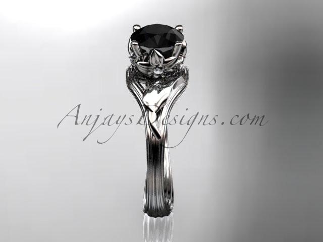 14kt white gold diamond flower, leaf and vine wedding ring, engagement ring with a Black Diamond center stone ADLR240 - AnjaysDesigns