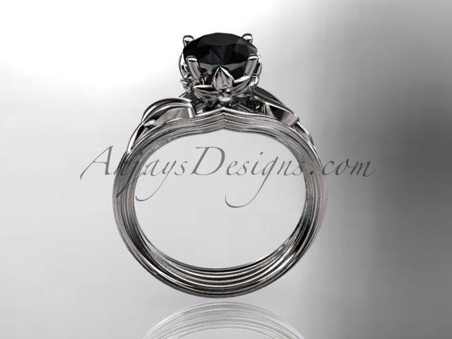 14kt white gold diamond flower, leaf and vine wedding ring, engagement ring with a Black Diamond center stone ADLR240 - AnjaysDesigns