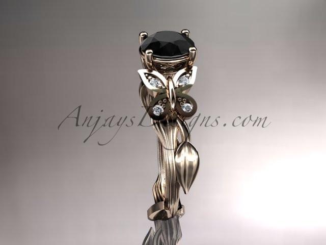 14kt rose gold diamond leaf and vine wedding ring, engagement ring with a Black Diamond center stone ADLR251 - AnjaysDesigns