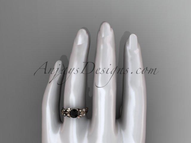 14kt rose gold diamond leaf and vine wedding ring, engagement ring with a Black Diamond center stone ADLR251 - AnjaysDesigns