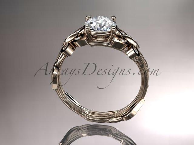 14kt rose gold diamond leaf and vine wedding ring, engagement ring with a "Forever One" Moissanite center stone ADLR251 - AnjaysDesigns
