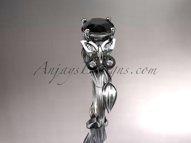 14kt white gold diamond leaf and vine wedding ring, engagement ring with a Black Diamond center stone ADLR251 - AnjaysDesigns