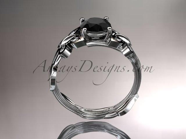14kt white gold diamond leaf and vine wedding ring, engagement ring with a Black Diamond center stone ADLR251 - AnjaysDesigns