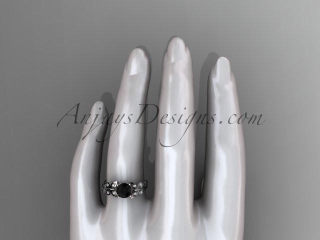 14kt white gold diamond leaf and vine wedding ring, engagement ring with a Black Diamond center stone ADLR251 - AnjaysDesigns