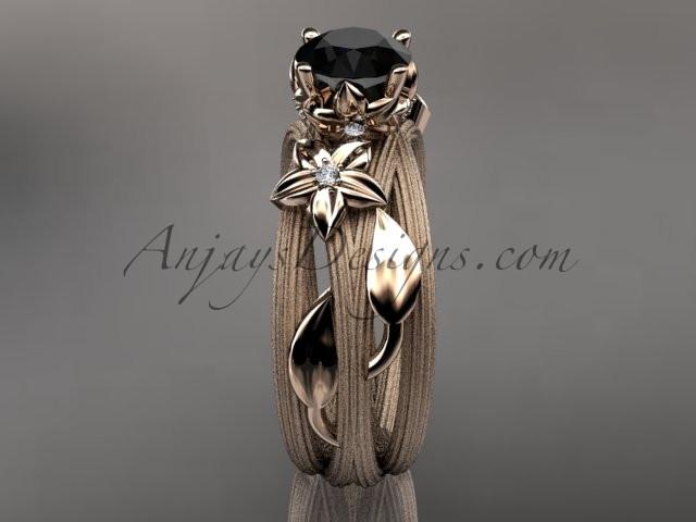 14kt rose gold diamond floral, leaf and vine wedding ring, engagement ring with a Black Diamond center stone ADLR253 - AnjaysDesigns